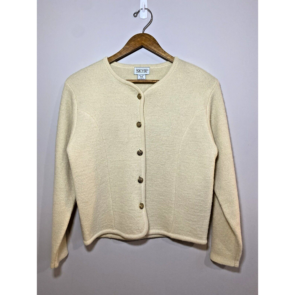 SKYR Sweater‎ Vintage Womens Petite Medium Cream 100% Wool Gold Button Cardigan